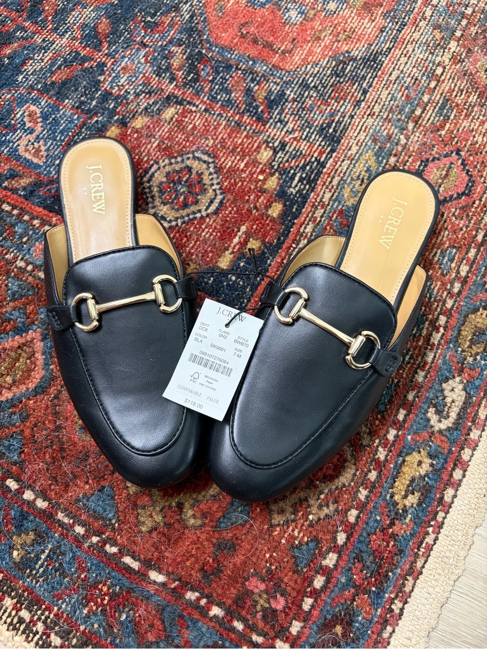 J. Crew Black Leather Backless Horsebit Mules with Gold Hardware